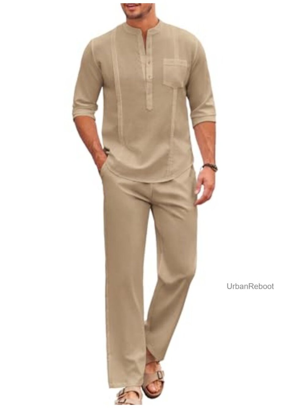 2 Piece Cotton Blend Henley Shirt & Pants Set Long Sleeve Casual Vacation